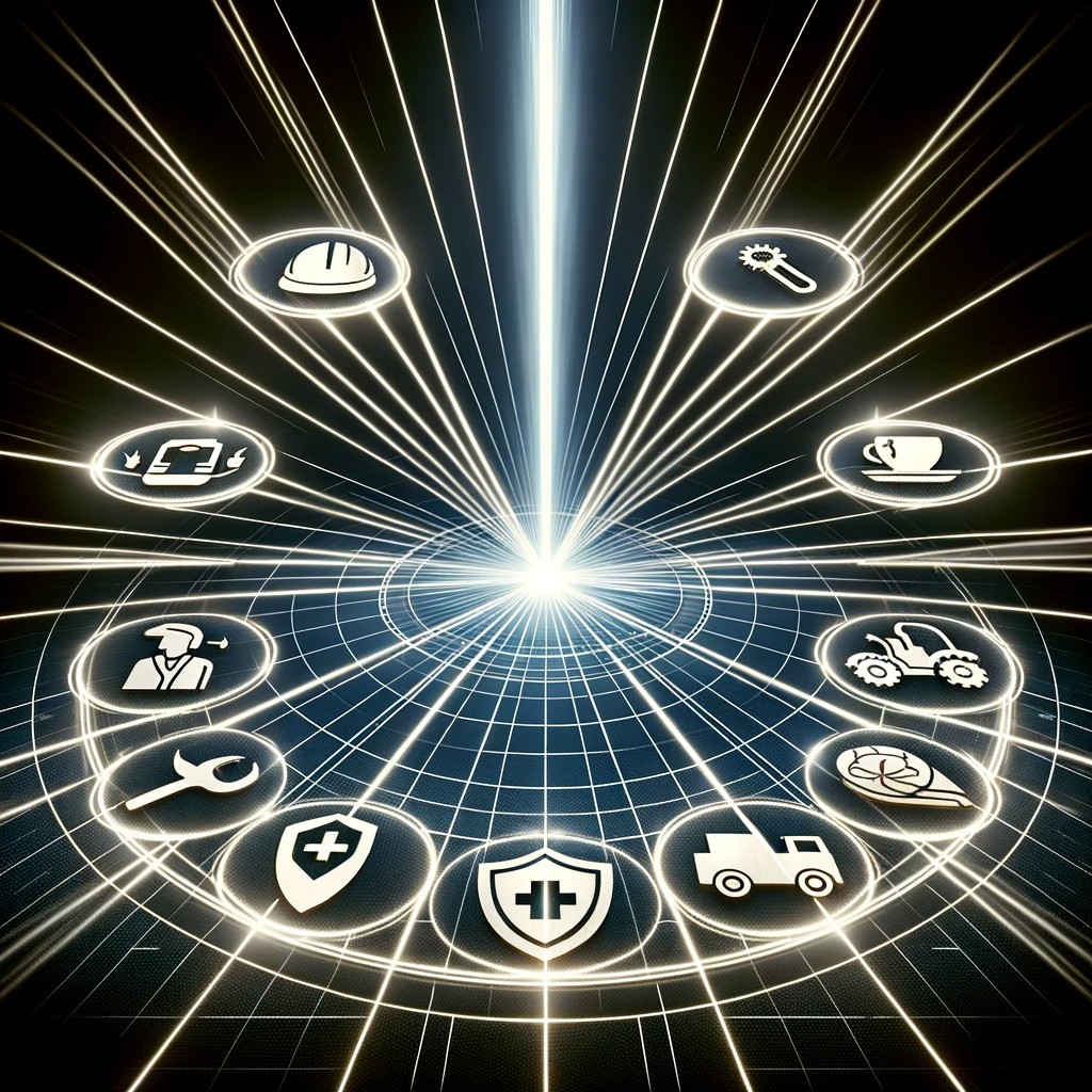 Futuristic representation of various industry icons connected by light beams.