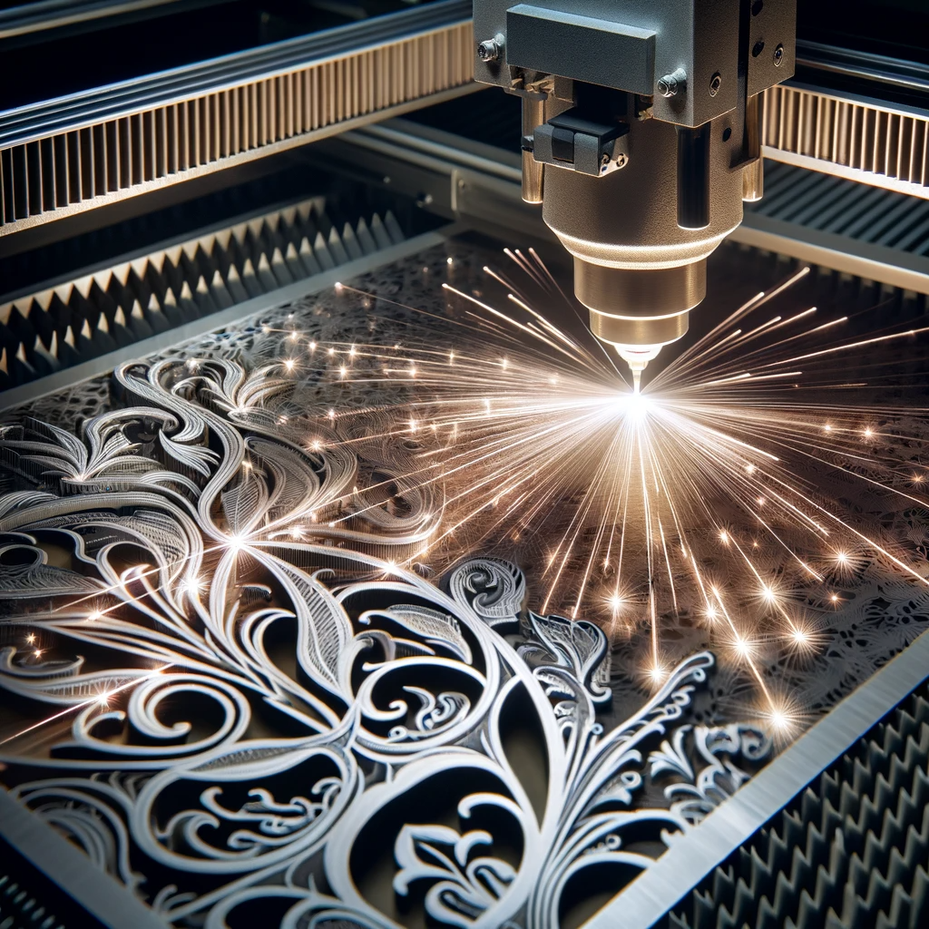 Close-up of a laser cutting machine engraving an ornate pattern on metal.