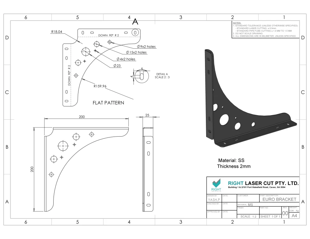 Technical drawing and 3D image of Right Laser Cut Euro Bracket, showcasing design specs and material details.