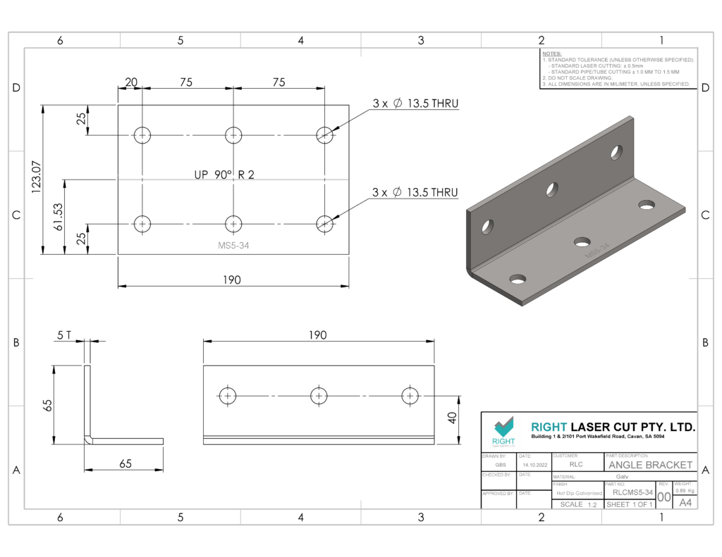 M12 Structural Angle Bracket 65x190mm | Industrial Grade RLC 65 x 65 x 5 x 190mm M12 Structural Angle Bracket