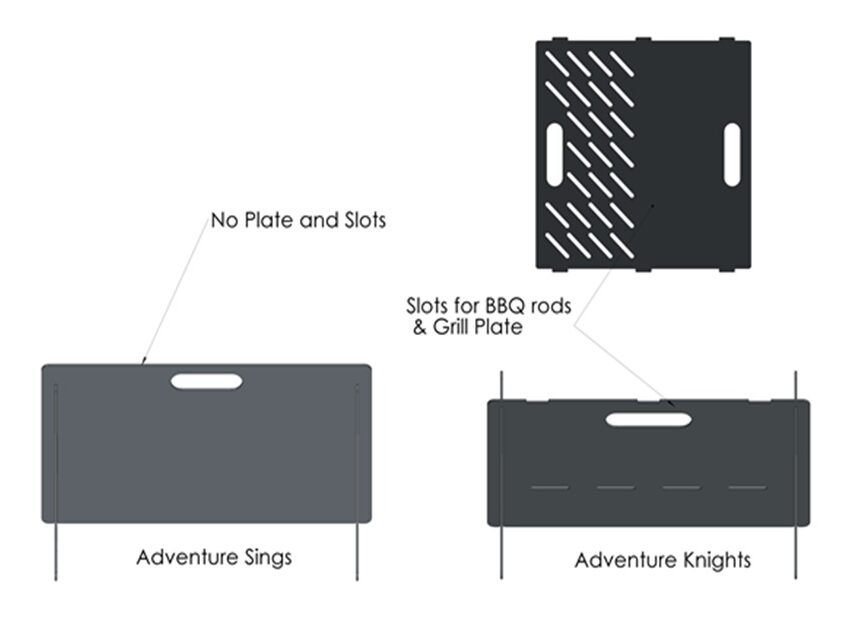 Image displaying the Adventure Knights Firepit's built-in cooking features, including notches for BBQ rods and an integrated hot plate. Designed for versatility, it supports grilling, roasting, and simmering without the need for additional accessories.