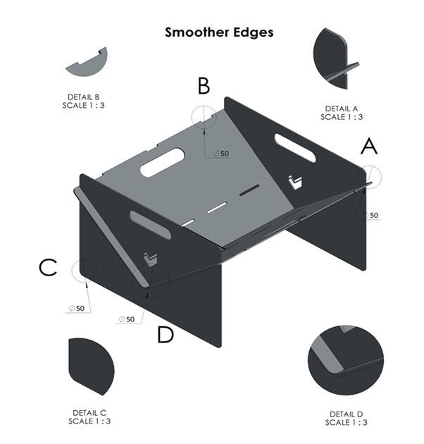 Image highlighting the safety-focused design of the Adventure Knights Firepit, featuring rounded edges and smooth, precision-cut panels for safe handling. Ideal for family-friendly use, even around children and pets.